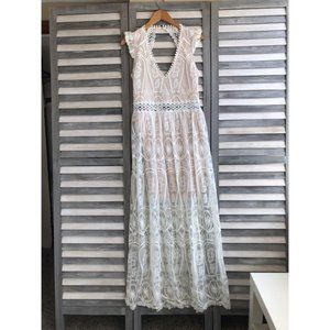Boho Sheer Lace Maxi Dress, Nude Lining, Open Back